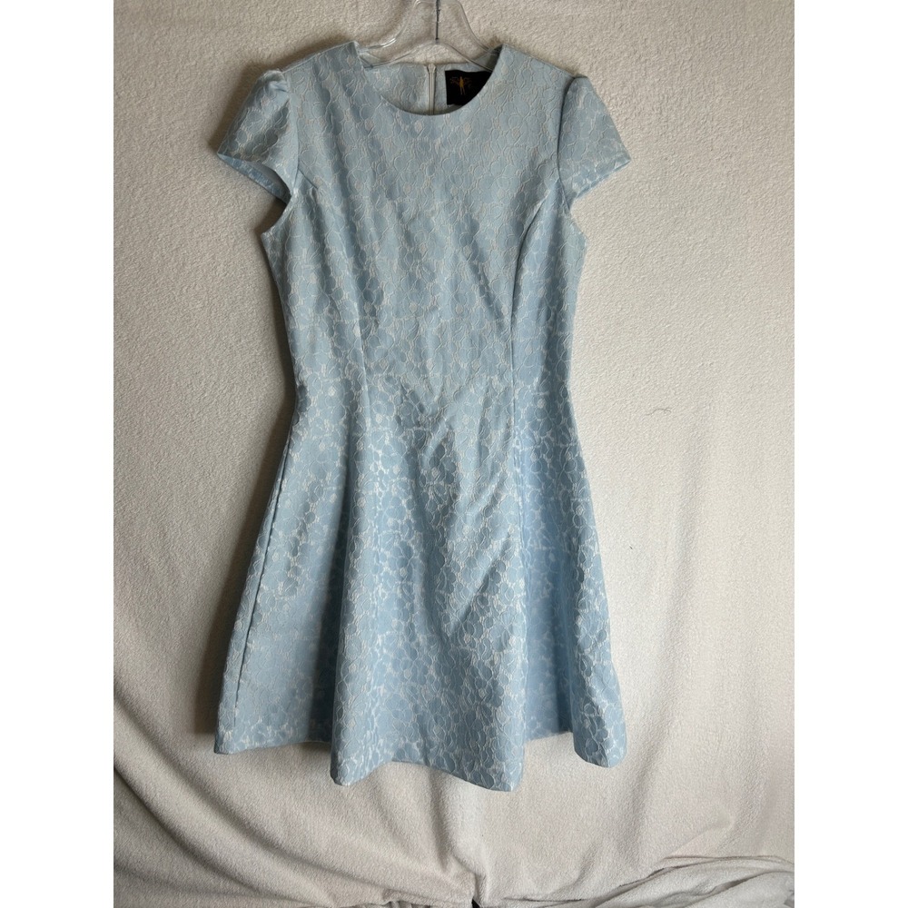 Eros Apparel Light Blue Floral Lace Fit and Flare Cap Sleeve Mini Dress Small